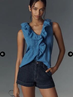Anthropologie cotton ruffle sleeveless top.  Blue! Size XL